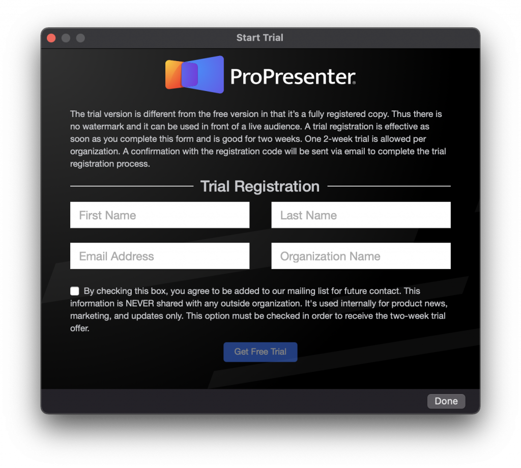 ProPresenter free trial screen