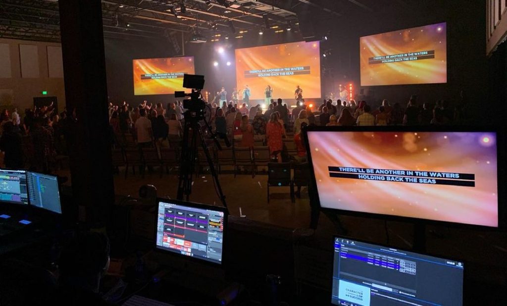 View from production booth of a in-person worship event