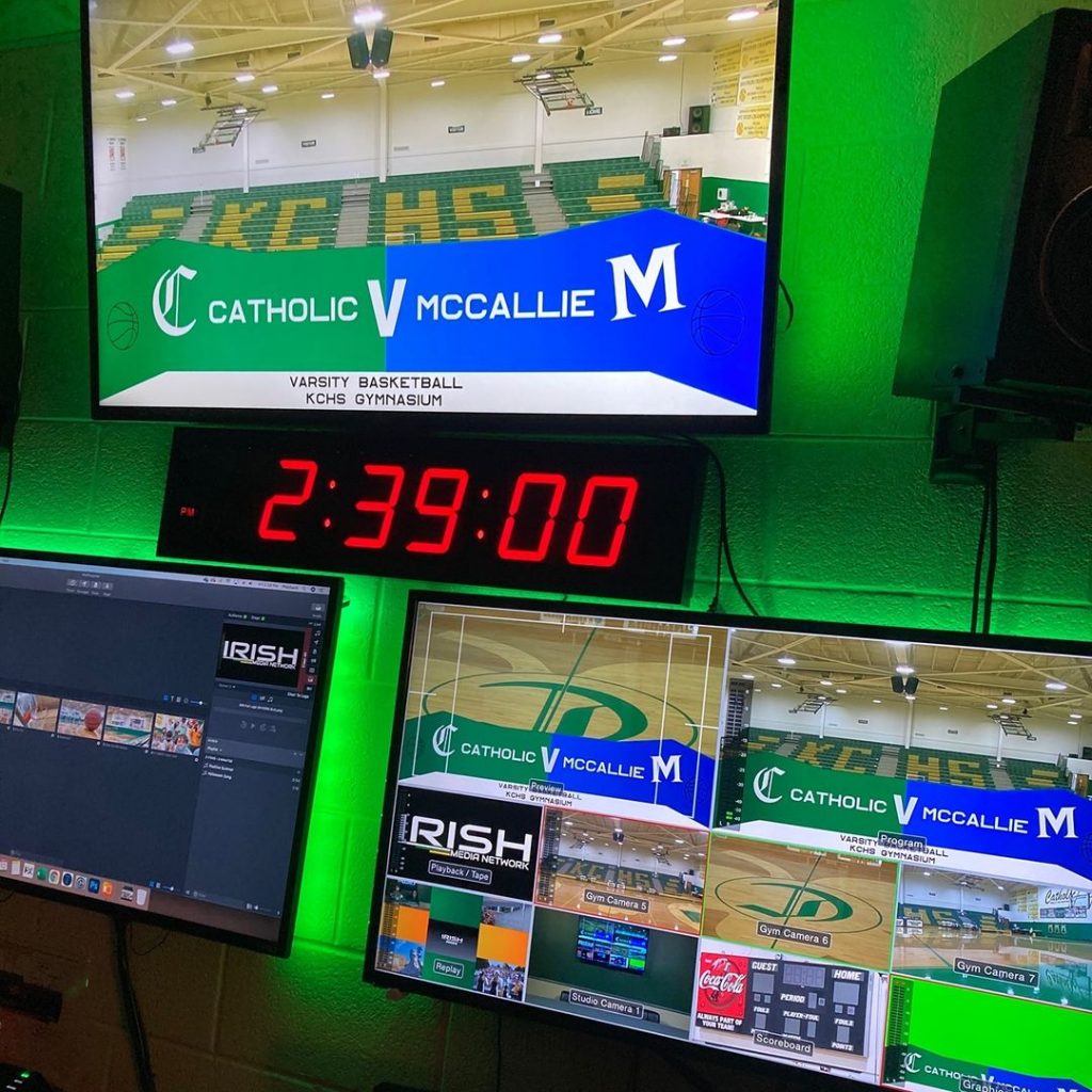 View of sports broadcasting software in use at a production studio